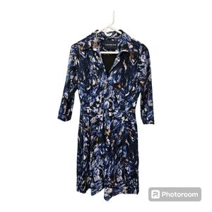 Samantha Sung Size 6 Button Up Printed 3/4 Sleeve Pleated Skirt Wool Silk Dress